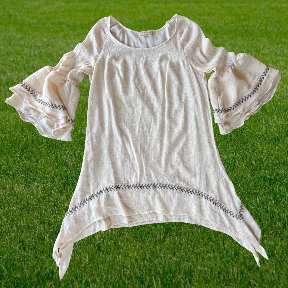 Cream Tunic Top by Oh Gussie Boho Embroidered Bell Sleeves Women's Size Small S